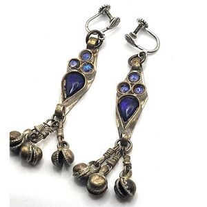 Vintage Twist Back Afghani Belly Dance Silver Earrings Blue Cabochons Bells 3in